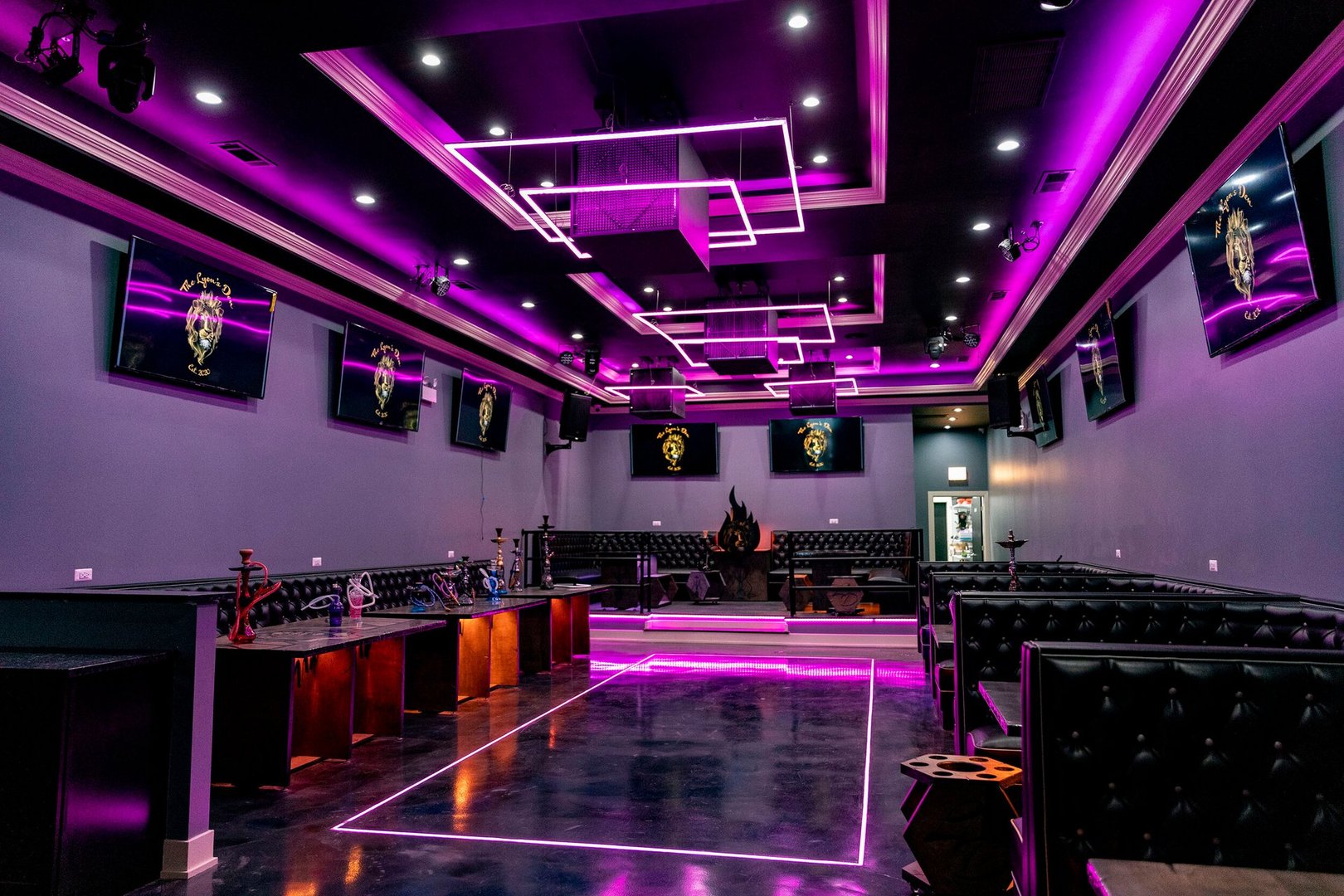 Hookah lounge event space with ambient lighting