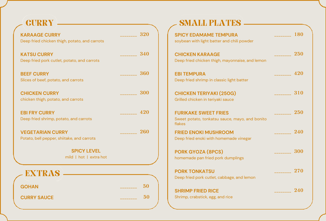 Grotto Lounge food menu featuring curry, small plates, and extras
